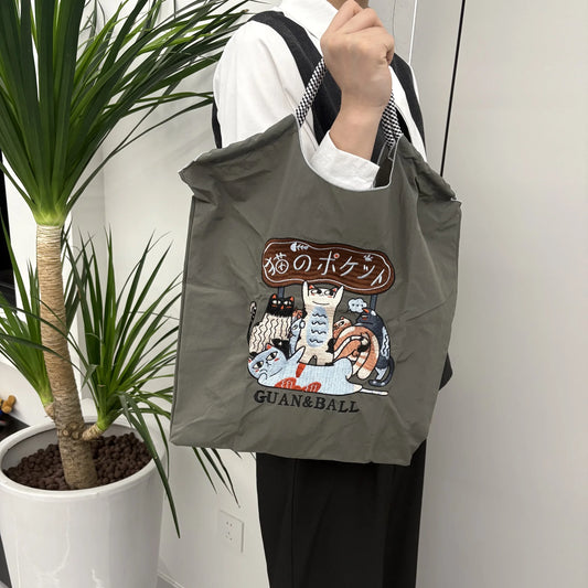 1 PC Fashion Japanese Harajuku Style Nylon Waterproof Handbag Embroidered Shopping Bag Hand-held Women's Shoulder Bag All-match-belleandkai.com