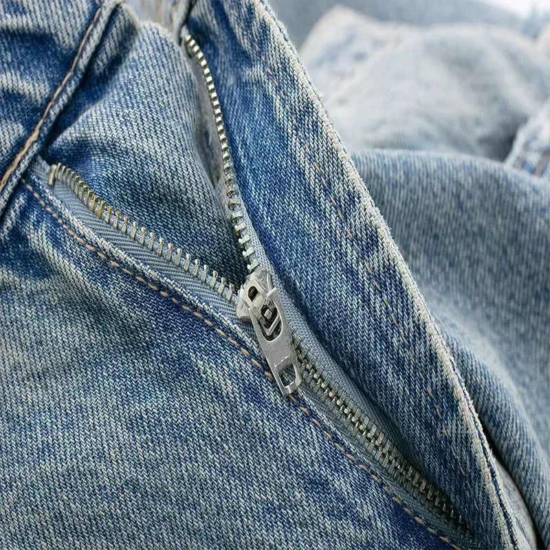 Women's Fashion Jeans Solid Colour Loose Trousers Gradient Colour Casual Streetwear Pant Broken Holes Decorated Jeans-belleandkai.com