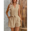 New Arrival Linen Summer Casual Commute Front Button Vest And Shorts Set V Neck Vest Autumn Clothing Women's Fashion Outfit-belleandkai.com