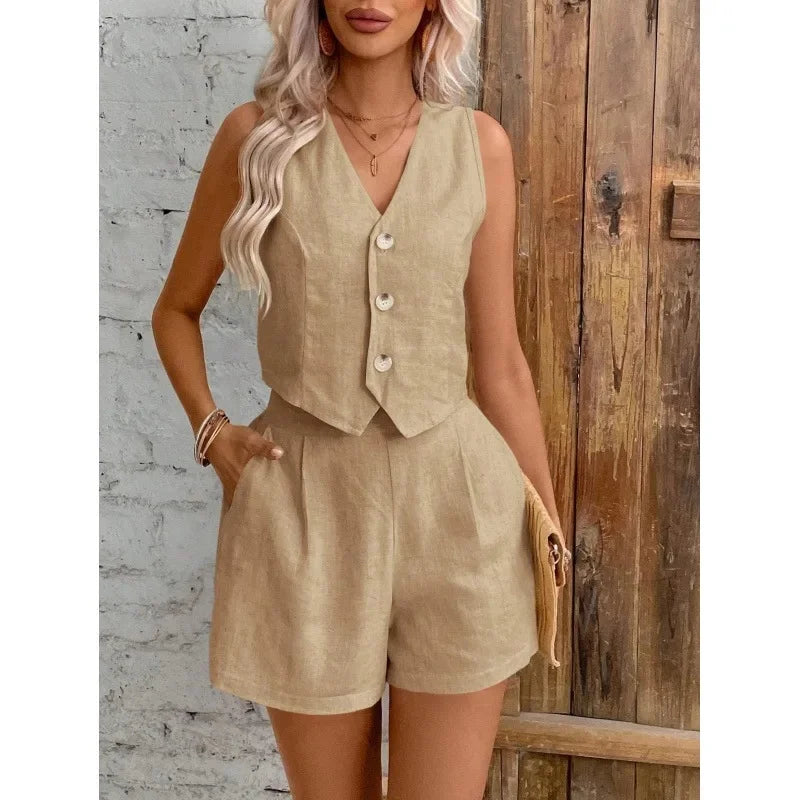 New Arrival Linen Summer Casual Commute Front Button Vest And Shorts Set V Neck Vest Autumn Clothing Women's Fashion Outfit-belleandkai.com