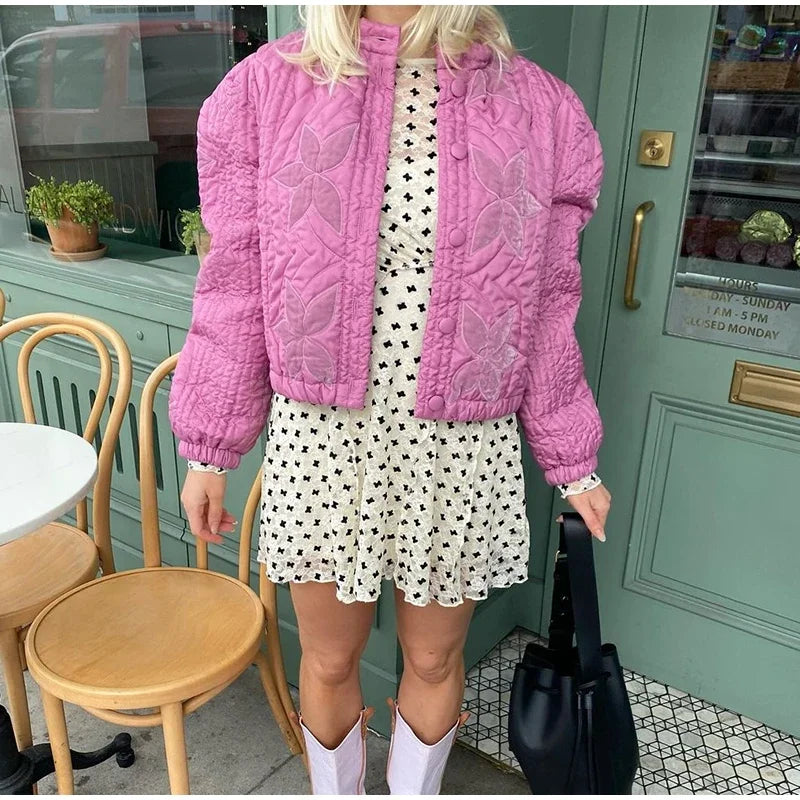 Casual Solid Printed Padded Women Jacket O-neck Full Sleeves Lady Coat 2024 Fashion Autumn Covered Button Female Loose Outwear-belleandkai.com