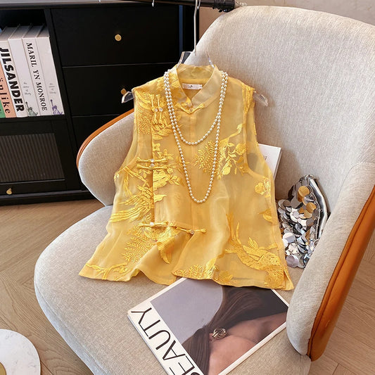 Vintage Vest Shirt New Chinese Style Embroidered Stand Collar Organza Vest Spring and Summer Temperament Women's Clothing-belleandkai.com
