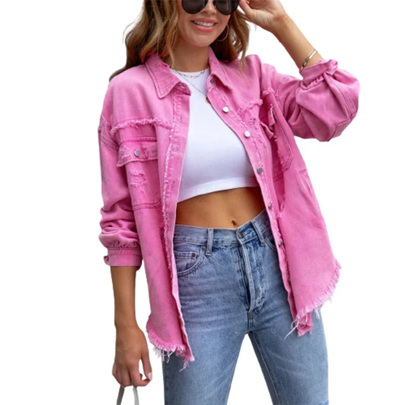 Fashion Broken Holes Solid Color Denim Jacket Ladies Comfortable Casual Loose Button Cardigan Coat Streetwear Women's Outerwear-belleandkai.com