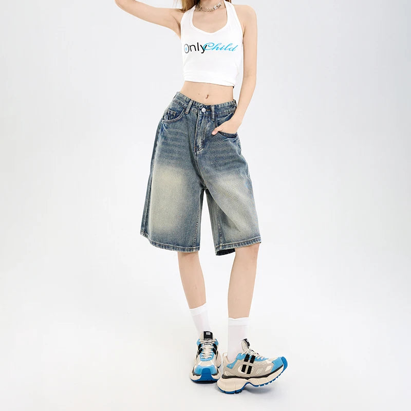 2025 Korean Street Casual Y2K Loose Wide-leg Denim Shorts Five-point Baggy Jeans Women's All-match Straight Summer Hot Shorts-belleandkai.com