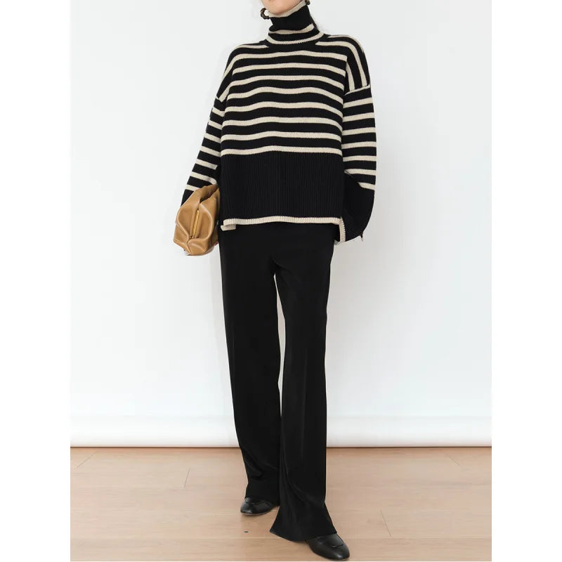 Women's Striped Turtleneck Sweater2023New Autumn and Winter Loose Design Niche Knitwear Pullover Coat-belleandkai.com