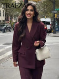 TRAFZA Vintage Woman Burgundy Red Blazer lapel Double Breasted Long Sleeve Suit Coat Women's 2024 Autumn Office Lady Outwear-belleandkai.com