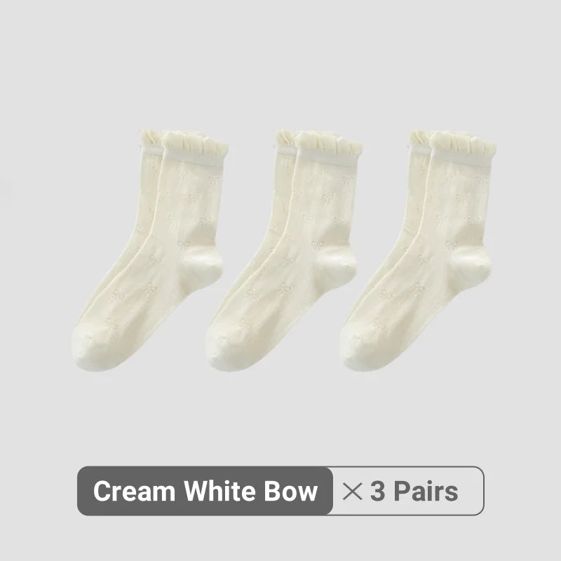 Women White Cream Lace Stackable Mid Calf Socks Bow Heart Star Design K-Style Spring Summer Thin Socks-belleandkai.com
