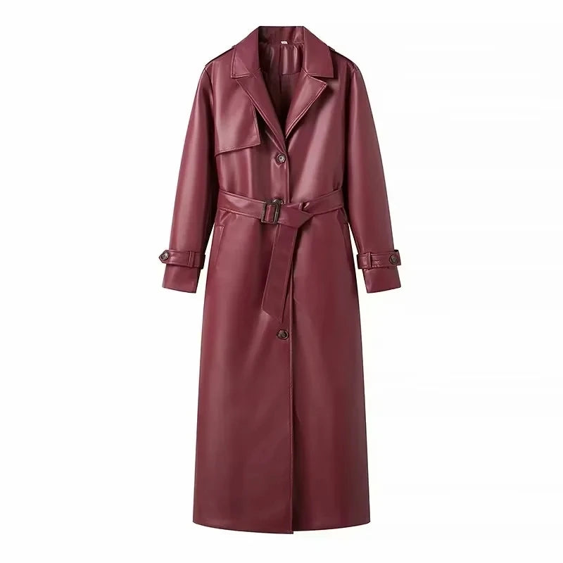 EDSA Women Luxury Faux Leather Jacket Coat with Belt for Autumn Winter Loose Long Windbreaker Trench Vintage Outerwear-belleandkai.com