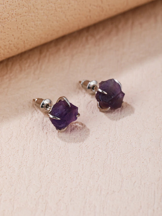 BOROSA New Arrival Silver Color Rough Natural Amethyst Earrings Claw Setting Crystal Stone Stud Earrings Women GH013-belleandkai.com