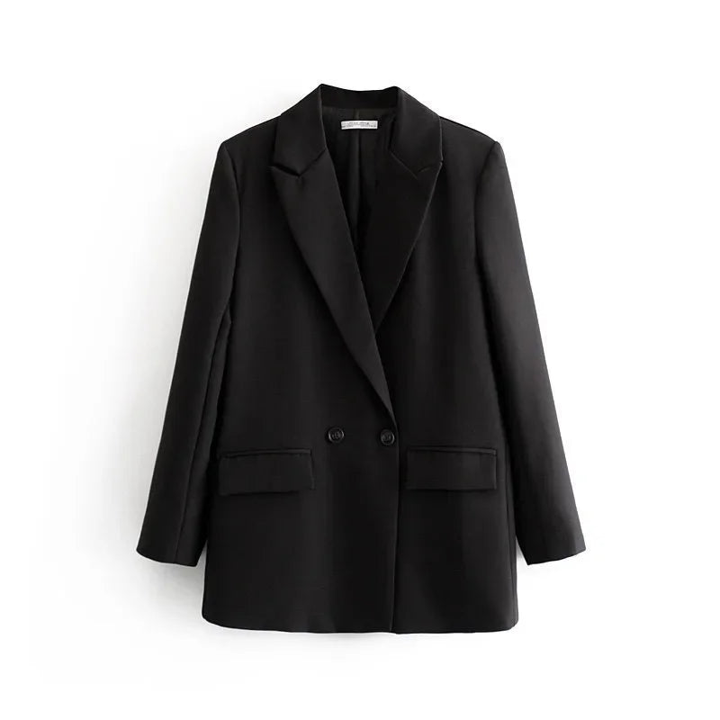 Winter Women Apricot Blazer Coat 2025 Lady Vintage Double Breasted Blazer Notched Collar Pocket Female Outerwear Chic Tops Deat-belleandkai.com
