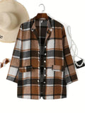 Plus Size 1XL-5XL Women Fashion Autumn and Winter Plaid Printing Coat Ladies Casual Long Sleeve Button Mock Neck Tunic Jacket-belleandkai.com