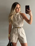 Cotton Linen Shorts Sets For Women Elegant Sleeveless Chic Vest High Waist Shorts 2 Pieces Sets Office Lady Street Outfits-belleandkai.com