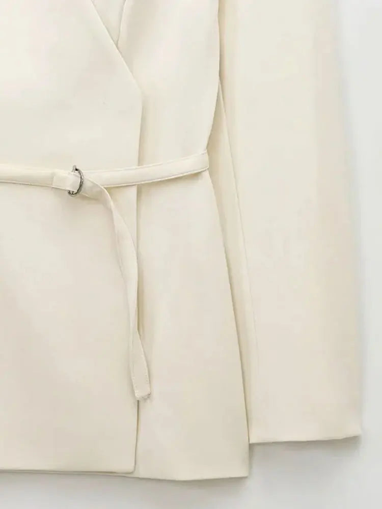 TRZA Women's Chic V-Neck Blazer Coat with Belt Long Sleeve Snap-Button Fashion Outerwear Top-belleandkai.com