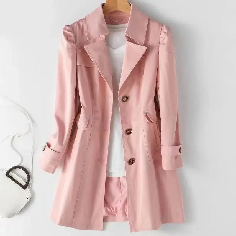 Slim Fit Long Coat Jacket Women's Casual Khaki Color Autumn Winter Outerwear Full Sleeve Chinese Brand Fashionable Windbreaker-belleandkai.com