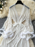 SINGREINY Women Elegant Sheer Sexy Cardigan Robes Wools Spliced Long Sleeve Shawls Fashion French Gauze Transparent Long Robes-belleandkai.com