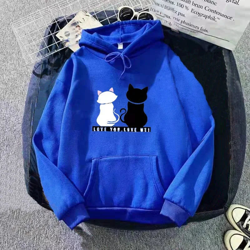 Women's Fleece Lined Hoodie Casual Cartoon Cat Print Oversize Loose Fit Autumn Winter Top Fashion Comfortable Streetwear-belleandkai.com