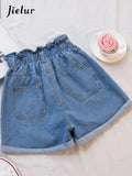 Jielur Summer Black Women Denim Shorts Women S-5XL Harem Ruffled White Blue High Waisted Shorts Female Elastic Short Jeans-belleandkai.com