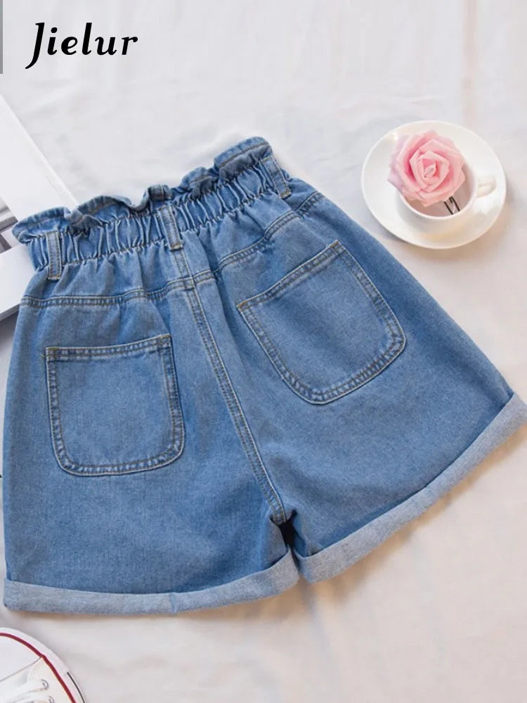 Jielur Summer Black Women Denim Shorts Women S-5XL Harem Ruffled White Blue High Waisted Shorts Female Elastic Short Jeans-belleandkai.com