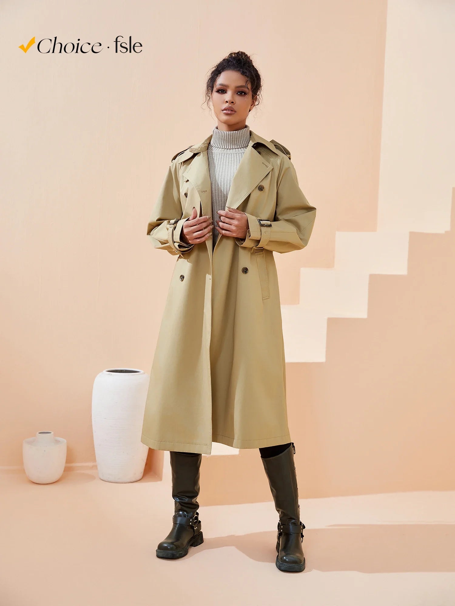 FSLE Women Trench Khaki Autumn Long Trench Coats Turn Down Collar Full Sleeve 100% Cotton Women Oversized Trench 24FS11325-belleandkai.com