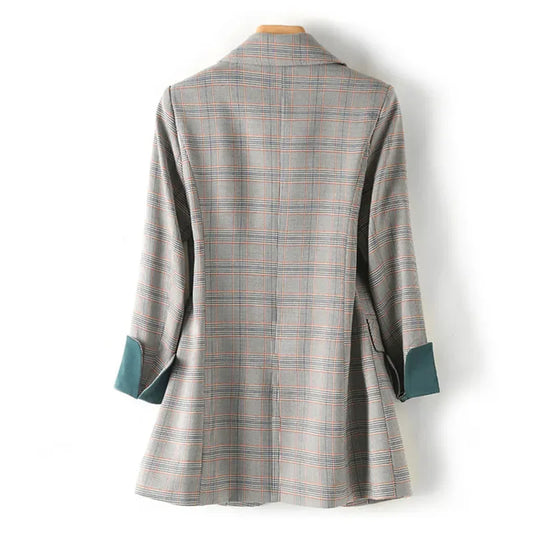 Gray Plaid Vintage Turn-Down Collar Single Button Long Sleeve Women's Jacket Korean Fashion Jackets Short Coat For Women 2024-belleandkai.com
