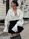Autumn See-Through Casual Shirts Top For Women Loose Slim Long Sleeve Lapel Cardigan Streetwear Women's Pleated Shirts Top-belleandkai.com
