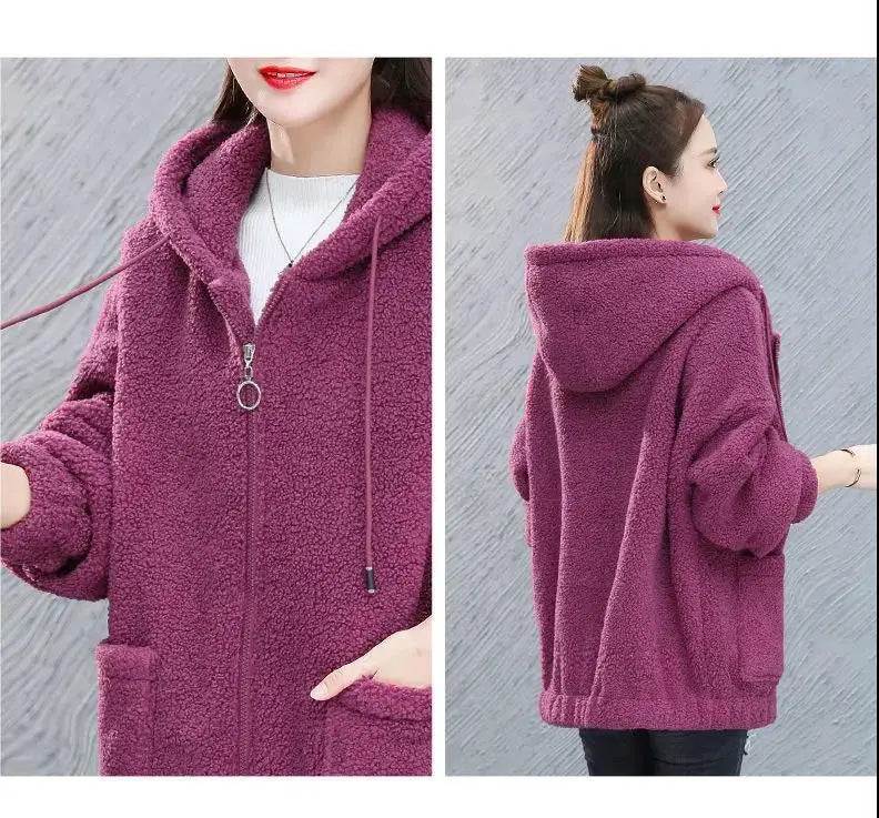Thicken Plus Velvet Women Sweatshirts Autumn Winter Lamb Fleece Sweater Casual Hoodies Loose All-match Zipper Cardigan Jacket-belleandkai.com