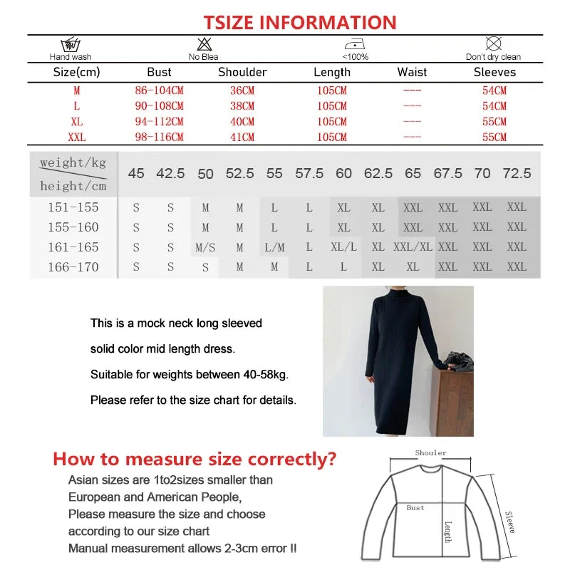 Women Autumn Winter Casual Mock Neck Solid Dress Inner Layer Long Sleeved Knit Dress Loose Mid-Length Versatile Sweater Dress-belleandkai.com