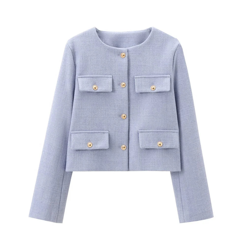 UNIZERA Winter New Product Women's Fashion and Casual Versatile Round Neck Flip Decoration Short Suit Coat-belleandkai.com
