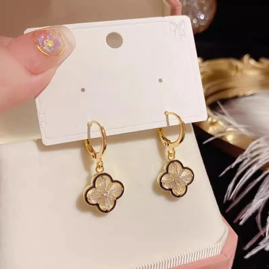 EVISPOL Clover Premium Dangle Hoop Eearring for Women Popular French Small Flower Stud Earrings Flora Pendant Earrings-belleandkai.com