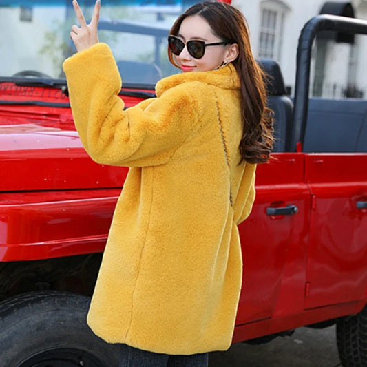 Winter Furry Coat Hairy Woman Jacket Thick Rabbit Fur Coat Female Plush Overcoat Comfort Fur Coat-belleandkai.com