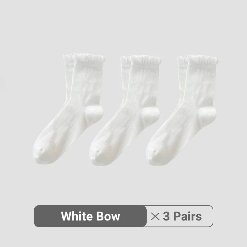 Women White Cream Lace Stackable Mid Calf Socks Bow Heart Star Design K-Style Spring Summer Thin Socks-belleandkai.com