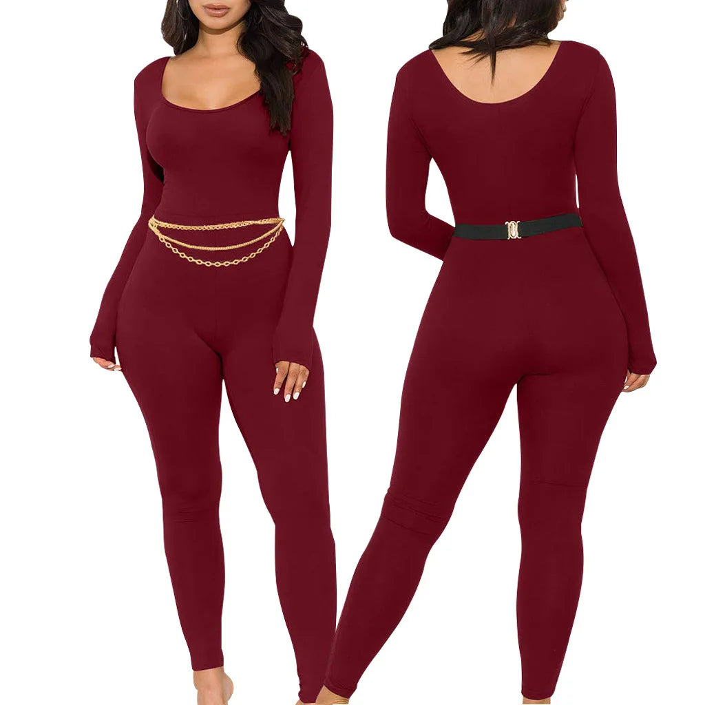 Sexy fashion solid color U-neck tight women's jumpsuit JX5634-belleandkai.com