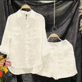 Fashion White Long Sleeve Shirt And Shorts Two Piece Sets Women 2025 Summer Cotton Linen Casual Home 2 Piece Set For Women-belleandkai.com