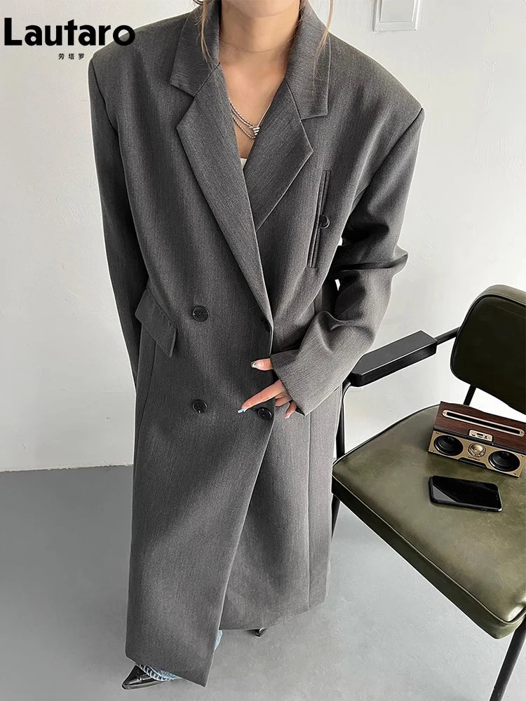 Lautaro Spring Autumn Long Grey Black Trench Coat for Women Double Breasted Loose Casual Korean Fashion Clothing Blazer 2023-belleandkai.com