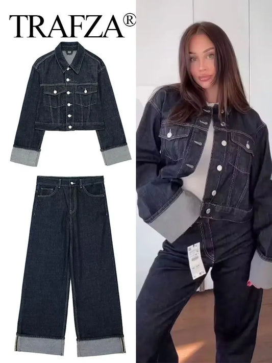 TRAFZA 2024 Autumn Female Vintage Denim Suit Long Sleeve Single Breasted Lapel Coat+High Waist Wide Leg Jeans Street Fashion Set-belleandkai.com
