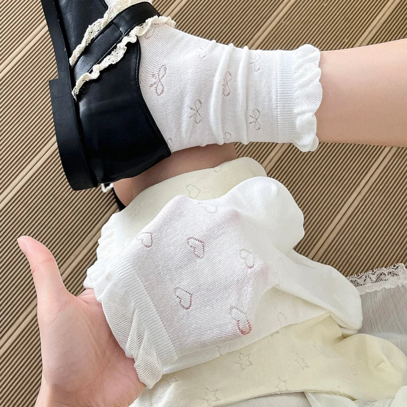 Women White Cream Lace Stackable Mid Calf Socks Bow Heart Star Design K-Style Spring Summer Thin Socks-belleandkai.com