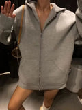 TRAFZA Autumn Women Gray Jacket With Hood Long Sleeve Big Pocket Zipper Jacket Coat Woman Loose Casual Outerwear Coat Tops-belleandkai.com