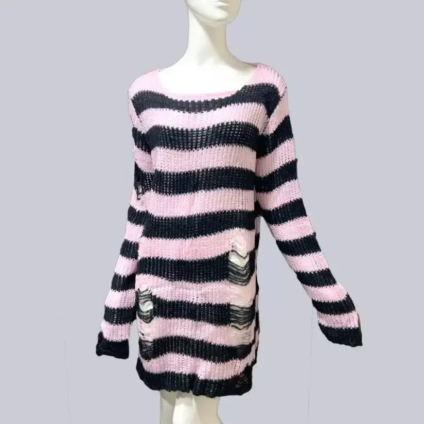 New Autumn Punk Gothic Long Unisex Sweater Women Striped Cool Hollow Out Hole Broken Jumper Loose Rock Thin Dark Streetwear Top-belleandkai.com