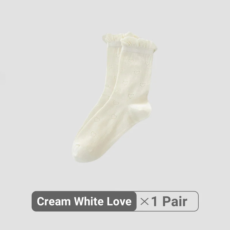 Women White Cream Lace Stackable Mid Calf Socks Bow Heart Star Design K-Style Spring Summer Thin Socks-belleandkai.com
