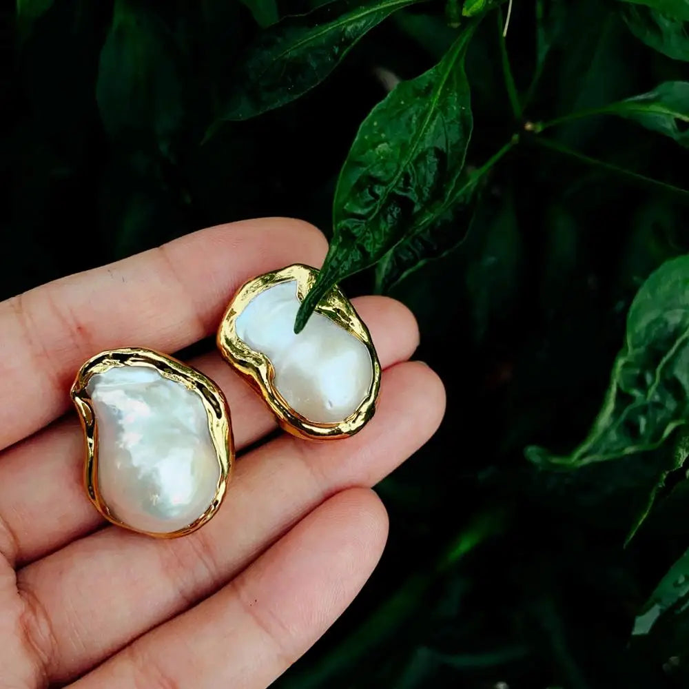 Y·YING Cultured White Keshi Baroque Pearl Stud Earrings Gold Plated Stud-belleandkai.com