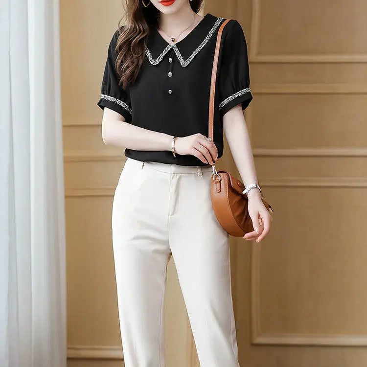 Top for Woman Office Outfits Clothing Black Women's Shirts and Blouses Chiffon Wear To Work Formal Collar Short Sleeve New 2024-belleandkai.com