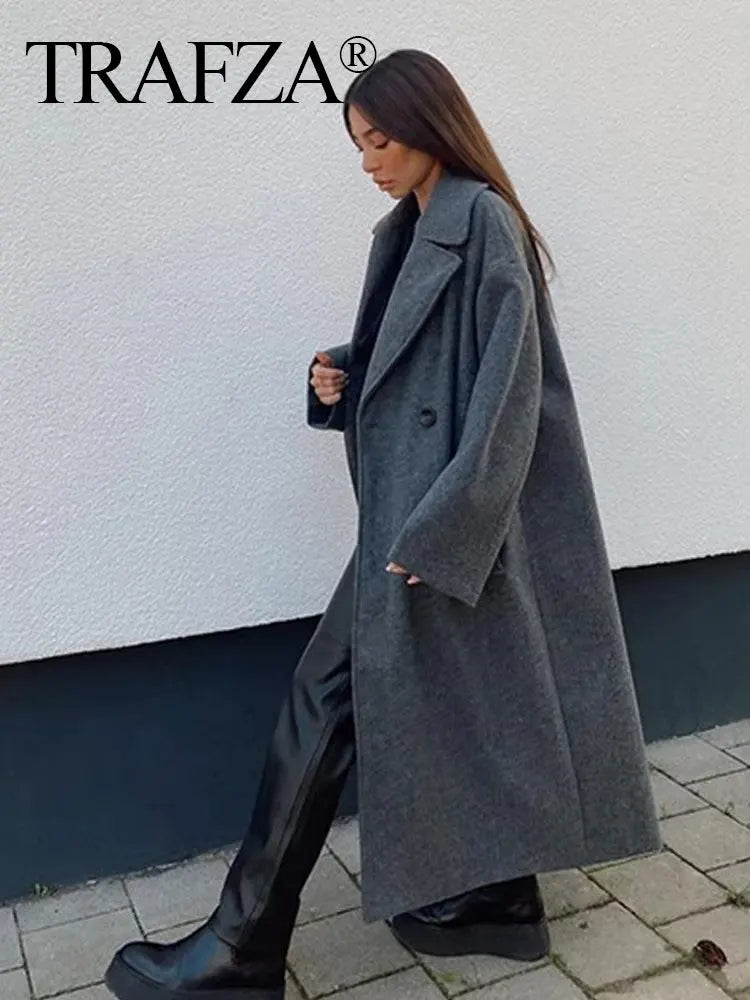 TRAFZA Winter Coat For Women 2024 Solid Lapel Double Breasted Long Cardigan Top Female Pokcet Streetwear Woman New In OuterCoat-belleandkai.com