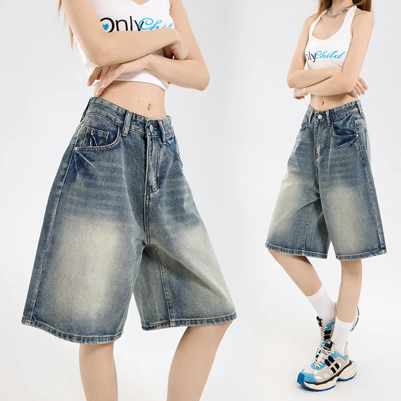 2025 Korean Street Casual Y2K Loose Wide-leg Denim Shorts Five-point Baggy Jeans Women's All-match Straight Summer Hot Shorts-belleandkai.com