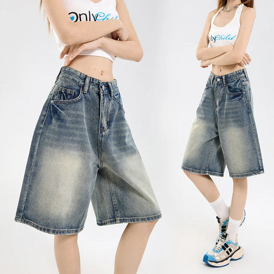 2025 Korean Street Casual Y2K Loose Wide-leg Denim Shorts Five-point Baggy Jeans Women's All-match Straight Summer Hot Shorts-belleandkai.com