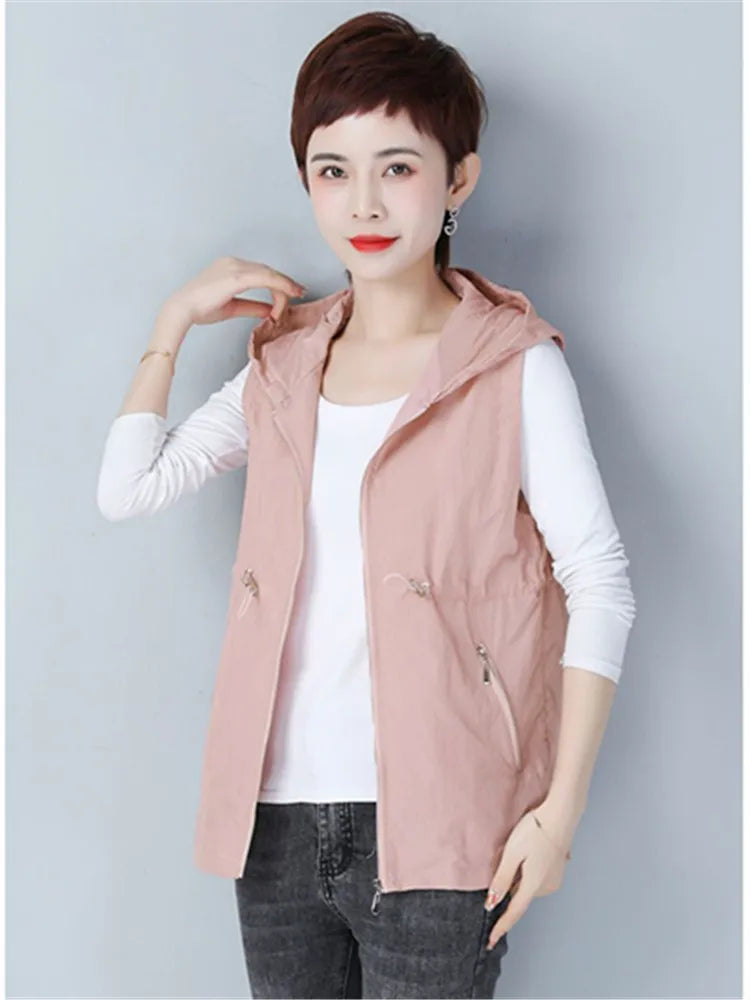Thin Summer Women's Vest Jacket 2025 New Short Hooded Sleeveless Coat Female Solid color Casual Liner Waistcoat Jackets Tops-belleandkai.com