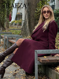 TRAFZA Women Fashion Burgundy Woolen Coat Double Breasted Long Sleeve Lapel Blends Jacket Autumn Winter High Street Outerwear-belleandkai.com
