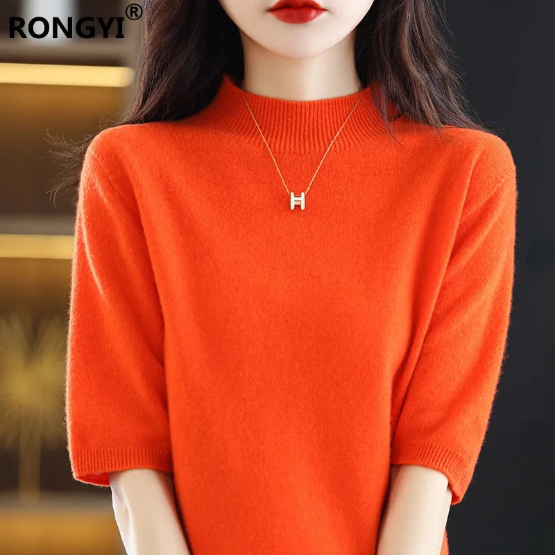 RONGYI Seamless Cashmere Sweater Knitted Women's Clothing 100% Pure Wool Short-Sleeved 2022 Spring Five-Quarter Sleeve  Pullover-belleandkai.com