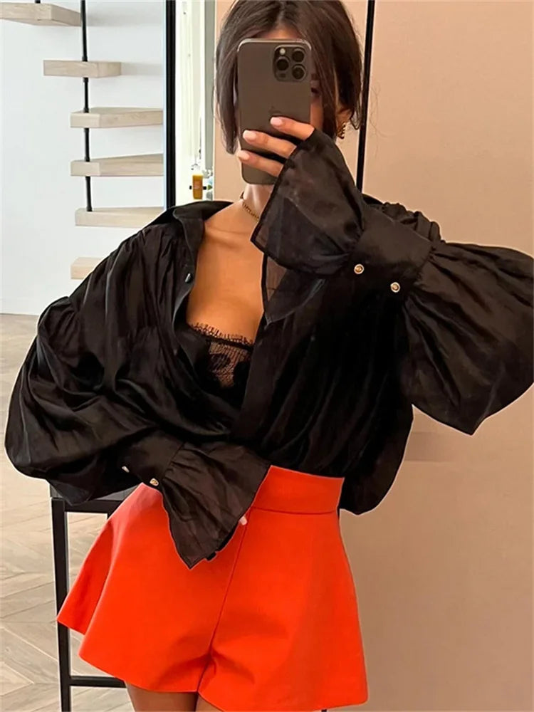 Autumn See-Through Casual Shirts Top For Women Loose Slim Long Sleeve Lapel Cardigan Streetwear Women's Pleated Shirts Top-belleandkai.com