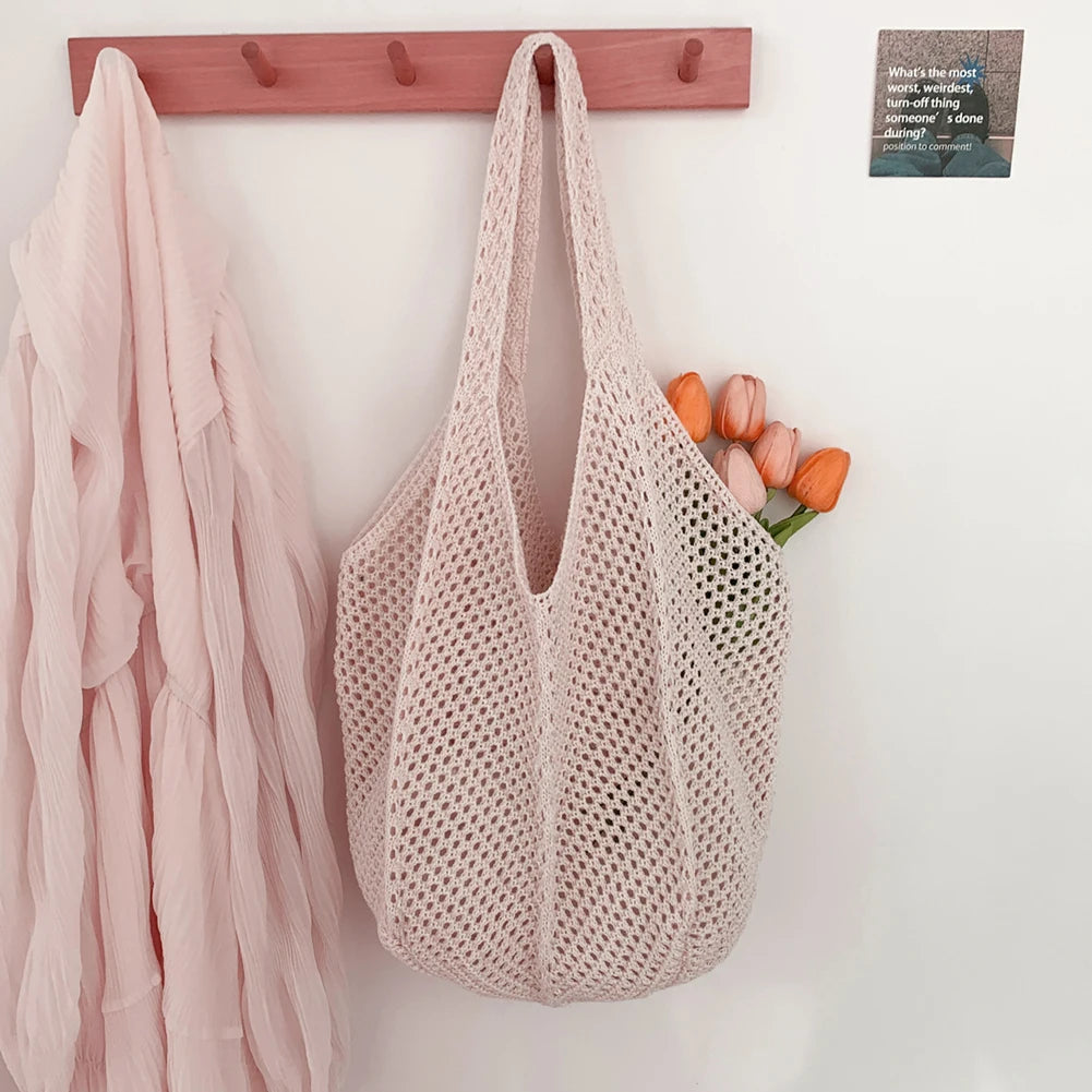 Women Crochet Tote Bag Mesh Beach Bag Large Capacity Fashion Knitted Bag Solid Color Simple Shopping Bag for Travel Vacation-belleandkai.com