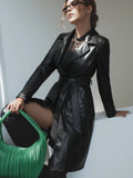 PU Leather Lapel Long Sleeve Coat, Belted Casual Outerwear For Fall & Spring, Women's Clothing-belleandkai.com